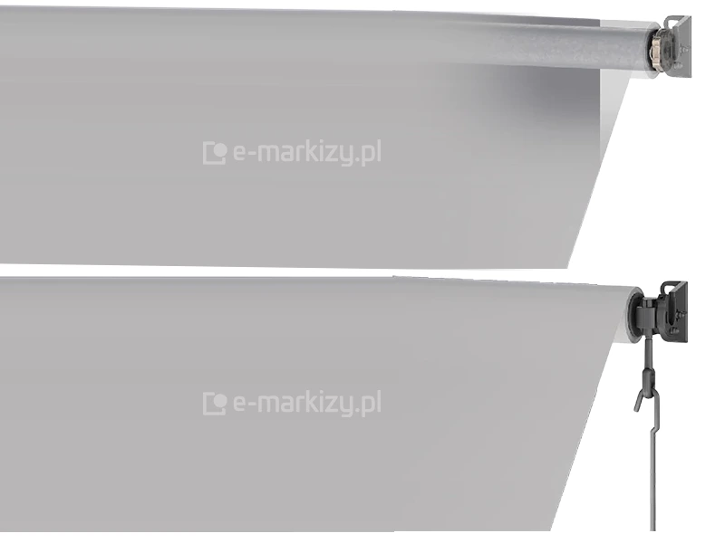 Grafika przedstawia dwa schematy techniczne górnego mechanizmu markizy balkonowo-sklepowej, ukazane na białym tle w przekroju bocznym i perspektywie. Na górnym schemacie widoczna jest stalowa rura nawojowa o chropowatej, ocynkowanej powierzchni, na którą nawinięta jest tkanina markizowa w kolorze jasnoszarym. Rura osadzona jest w bocznym uchwycie mocującym wykonanym z metalu, który posiada otwory montażowe do przykręcenia do ściany lub sufitu. Mechanizm obrotowy rury łączy się bezpośrednio ze wspornikiem. Przez lekko przezroczystą tkaninę widoczna jest rura nawojowa, w której ukryty został napęd elektryczny. Dolny schemat prezentuje tę samą markizę, ale z zamontowaną przekładnią korbową. Z prawej strony mechanizmu, pod uchwytem mocującym, widoczne jest czarne ucho przekładni, w które wsunięty jest stalowy hak korby służącej do ręcznego rozwijania i zwijania materiału. Tkanina markizy opada pionowo z rury nawojowej, tworząc gładką płaszczyznę osłony. Całość konstrukcji charakteryzuje się surowym, technicznym wykończeniem z widocznymi elementami montażowymi takimi jak śruby i trzpienie stabilizujące wałek w uchwytach.