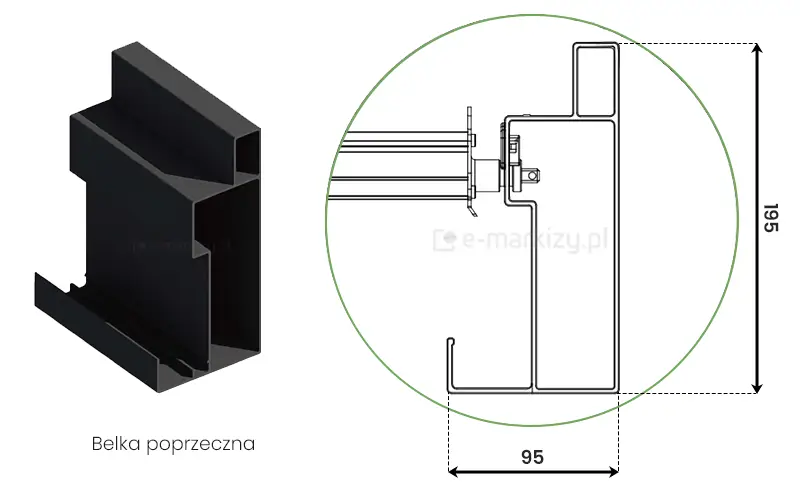 Rysunek techniczny belki poprzecznej pergoli bioklimatycznej Rubio – profil konstrukcyjny z oznaczeniem wymiarów, przeznaczony do budowy stabilnej i trwałej konstrukcji aluminiowej pergoli.