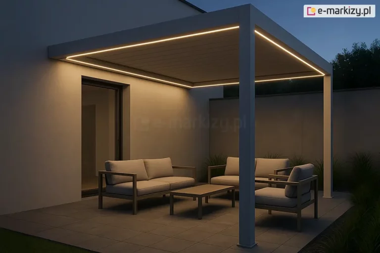 Pergola lamelowa Marlo w wersji przyściennej kolorze taupe, zamontowaną na nowoczesnym tarasie po zmroku. Konstrukcja zadaszenia wspiera się na dwóch pionowych słupach o kwadratowym przekroju i jest wyposażona w zintegrowane oświetlenie LED. Pasy świetlne biegnące wzdłuż wewnętrznych krawędzi ramy emitują ciepłe, żółte światło, które oświetla strefę wypoczynkową oraz przylegającą, jasną elewację budynku. Pod pergolą ustawiono zestaw mebli ogrodowych, na który składają się dwie sofy oraz fotel z jasnoszarymi poduszkami, a także centralnie umieszczony stolik kawowy. Nawierzchnia tarasu wykonana jest z dużych, ciemnoszarych płyt. W tle, za meblami, widoczne są rośliny ozdobne oraz wysoki mur ogrodzeniowy, natomiast po lewej stronie znajdują się przeszklone drzwi prowadzące do wnętrza domu. Całość kompozycji podkreśla funkcjonalność oświetlenia wieczornego, tworząc przytulną atmosferę na tarasie.