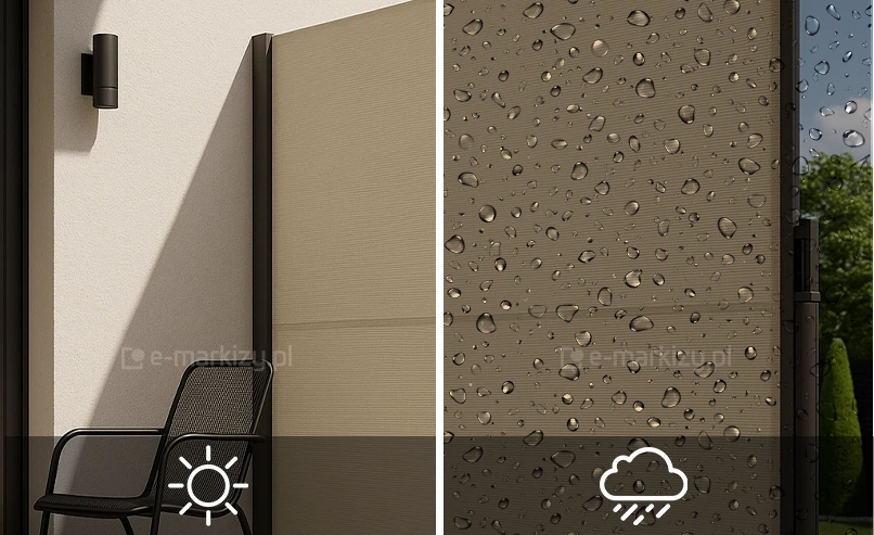 Markiza boczna Bora odporna na warunki atmosferyczne. Po lewej kaseta z rozwiniętą beżową tkaniną, przy której ustawiono czarne metalowe krzesło tarasowe, oświetlona intensywnymi promieniami słońca. Po prawej widoczny słupek z zamocowaną do niego tkaniną waterproof w kolorze kremowym, na którą pada deszcz widoczny także na obiektywie aparatu.