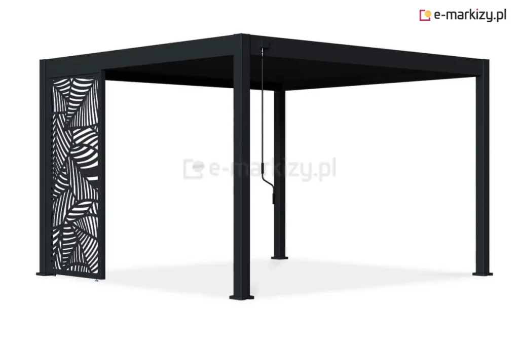 Pergola Marlo z zamontowanym bocznym panelem ozdobnym z aluminium, w kolorze antracytowym, z estetycznym ażurowym wzorem liści jako dekoracyjna osłona tarasu