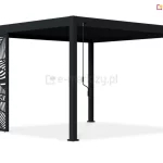 Pergola Marlo z zamontowanym bocznym panelem ozdobnym z aluminium, w kolorze antracytowym, z estetycznym ażurowym wzorem liści jako dekoracyjna osłona tarasu