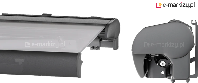 Szczegółowy przekrój techniczny markizy kasetowej Palladio prezentujący budowę modułową urządzenia, obejmujący po lewej stronie detal konstrukcyjny ramienia przegubowego połączonego z przednim profilem nośnym i częściowo rozwiniętym poszyciem materiałowym, a po prawej stronie widok profilu bocznego zamkniętej kasety aluminiowej uwzględniający układ wału nawojowego oraz systemowy wspornik montażowy umożliwiający stabilne mocowanie do powierzchni ściennej.