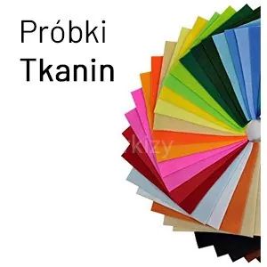 Zdjęcie kawałków tkanin akrylowych w różnych kolorach ułożonych przy prawej krawędzi w tęczowy wachlarz. Kolory przechodzą od niebieskich, przez zielenie, żółcie, pomarańcz, róże, czerwień, beże i brązy po czarny. Po lewej w górnym rogu napis "Próbki Tkanin" stanowiący odniesienie do produktu próbki tkanin do markiz Aluprof