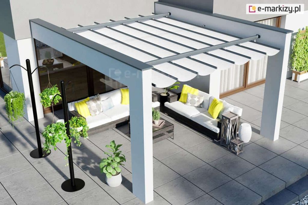 Daszek międzyścienny z rozwijaną tkaniną costa, pergole na wymiar, zadaszenia pergolowe wycena