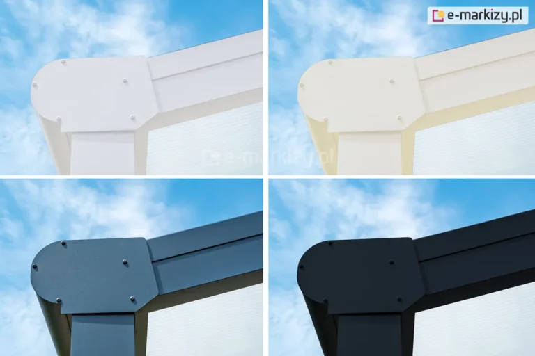 Cztery ujęcia boku konstrukcji zadaszenia Lunaro z zaokrągloną rynną pokazujące dostępne kolory konstrukcji na tle niebieskiego lekko zachmurzonego nieba. W lewym górnym rogu kolor biały, w prawym górnym rogu kolor kremowy. W lewym dolnym rogu kolor antracytowy, w prawym dolnym rogu kolor czarny.