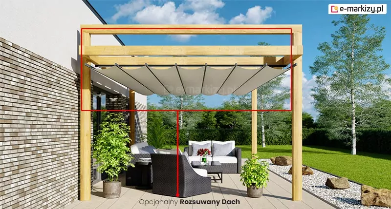 Drewniana pergola kolumnowa Moza na tarasie uzupełniona o dach rzymski Supro na prowadnicach, który otoczono czerwoną ramką prowadzącą do napisu w dole "opcjonalny rozsuwany dach". Pod pergolą ustawiono meble wypoczynkowe z poduchami oraz stolik z wazonem z kwiatami i rośliny w doniczkach. Obok tarasu wysypany drobnymi kamykami oraz większymi głazami skalniak, w pobliżu równo przystrzyżony trawnik. W tle brzozy i niebieskie niebo z nielicznymi białymi chmurami.