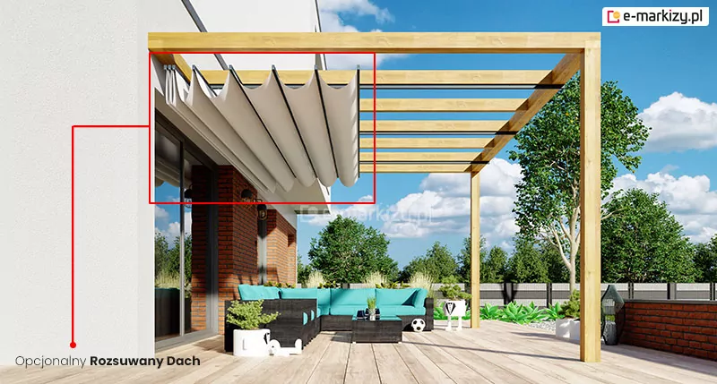 Drewniana pergola przyścienna juko rozsuwany dach rzymski chroniący meble tarasowe przed deszczem. Dach otoczono czerwoną ramką, od której odnośnik prowadzi w dół do napisu "opcjonalny rozsuwany dach".