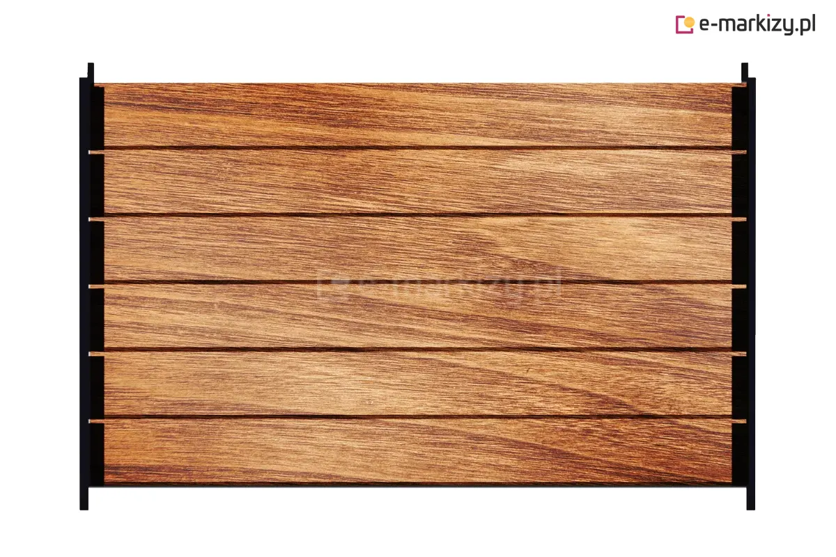 Drewniane deseczki, ruchome lamele, shutters, osłona boczna do pergoli, na taras i wielu innych miejsc wykonana z aluminiowych lameli pokrytych okleiną o barwie i wzorze drewna, z czarnym mechanizmem obrotowym.