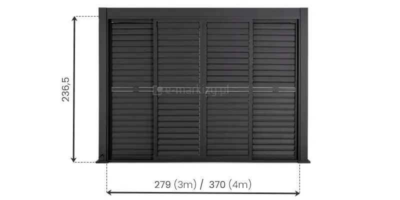 Rysunek techniczny pergoli Gloria w kolorze ciemnoantracytowym, przedstawiający frontowy panel z wymiarowaniem na białym tle. Konstrukcja składa się z czterech pionowych skrzydeł żaluzjowych z ruchomymi lamelami, które są całkowicie zamknięte. Na grafice naniesiono linie wymiarowe z wartościami liczbowymi: wysokość konstrukcji określona jest jako 236,5 cm, natomiast szerokość podana jest w dwóch wariantach zależnych od modelu – 279 cm dla wersji 3-metrowej oraz 370 cm dla wersji 4-metrowej. Całość osadzona jest w masywnej ramie z wyraźnie zaznaczonymi stopami montażowymi u podstawy słupów.