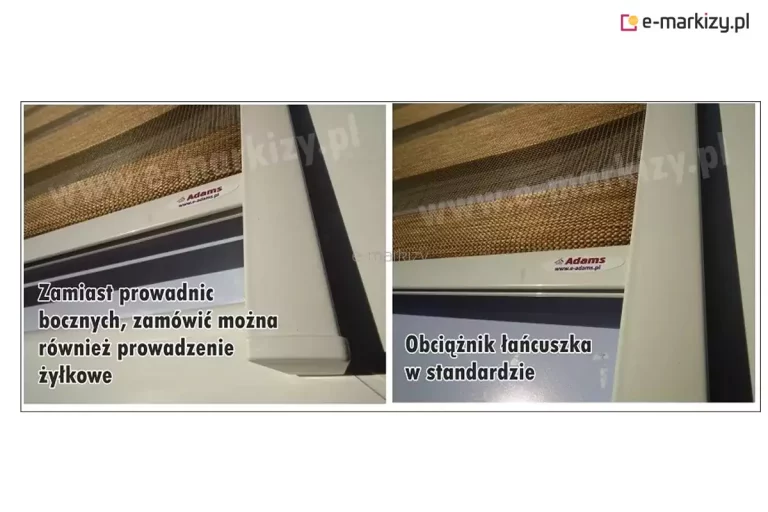 Dwa zbliżenia szczegółów rolety LUX KOMBI dzień noc. Po lewej zbliżenie zakończenia prowadnicy przestrzennej z zaślepką oraz obciążnika dolnego z tkaniną dzień noc z widocznymi pasami tkaniny. Na dole napis "Zamiast prowadnic bocznych, zamówić można również prowadzenie żyłkowe". Po prawej na zdjęciu miejsce styku obciążnika tkaniny w brązowe pasy dzień i noc z prowadnicą przestrzenną. Pod nim na oknie napis "Obciążnik łańcuszka w standardzie".