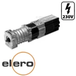 Silnik do żaluzji fasadowych Elero. W prawym górnym rogu, w prostokątnej czarnej ramce o zaokrąglonych rogach umieszczono symbol błyskawicy w kolorze czarnym oraz czarny napis pod nią "230V". W lewym dolnym rogu umieszczono logo marki Elero.