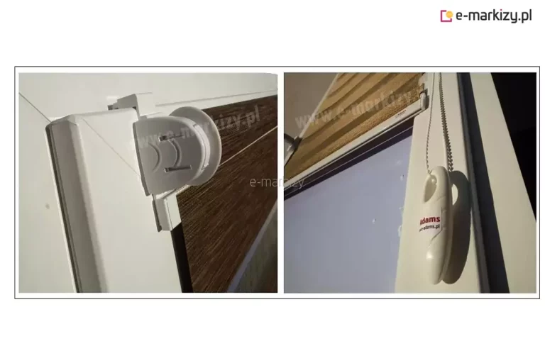 Dwa ujęcia roletki mini z tkaniną dzień noc zestawione obok siebie. Po lewej zbliżenie na uchwyt bezinwazyjny zaczepiony o skrzydło okna i mechanizm roletki w kolorze białym. Po prawej zbliżenie na obciążnik łańcuszka do sterowania i widoczna w tle belka dolna oraz tkanina dzień noc w brązowych odcieniach.