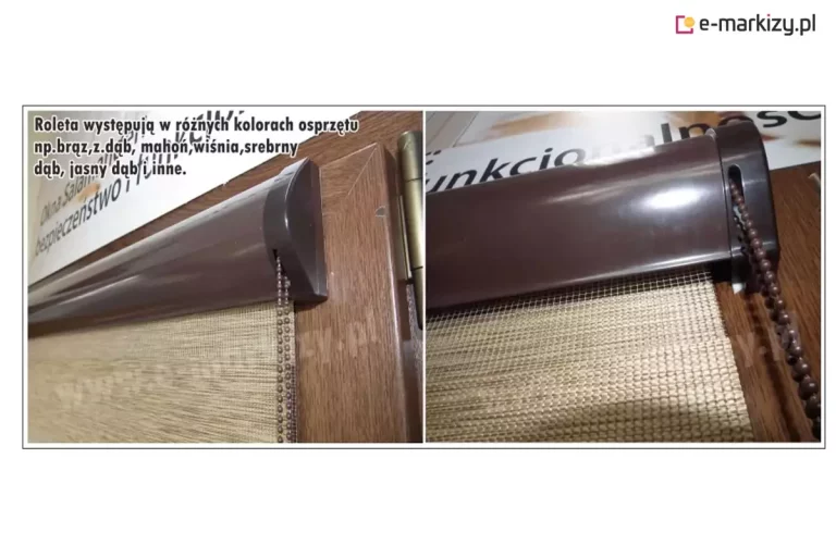 Dwa zbliżenia kasetki rolety dzień noc w kolorze brązowym zamocowanej na drewnianej ramie okna. Po lewej kasetka widoczna od prawego boku, z wyjściem łańcuszka oraz boczną zaślepką. Z kasety wysunięta tkanina dzień noc w kolorze bezowo-brązowym z niewidocznymi pasami przejrzystymi. Po prawej kaseta widoczna na wprost, także z wyjściem łańcuszka z prawego boku kasety i tkaniną dzień noc ustawioną w tryb zaciemnienia. Na lewym zdjęciu w górnej jego części napis "Roleta występują w różnych kolorach osprzętu np. brąz, z. dąb, mahoń, wiśnia, srebrny dąb, jasny dąb i inne."