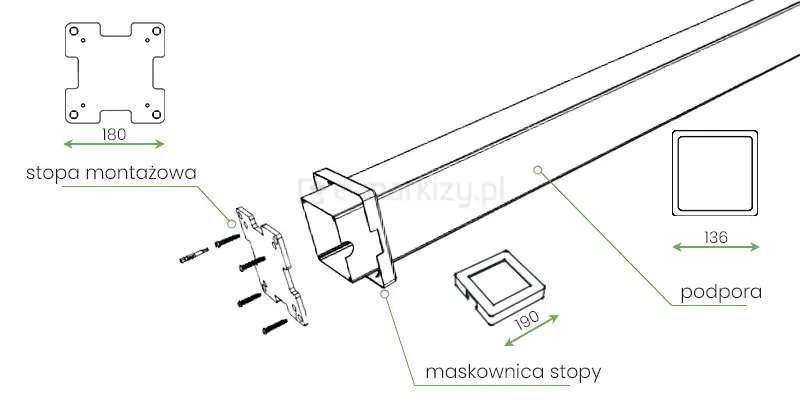 Elementy podpory pergoli Rubio – widoczna stopa montażowa, maskownica stopy oraz aluminiowa kolumna nośna. Komplet konstrukcyjny zapewniający stabilność i estetykę nowoczesnej pergoli tarasowej.