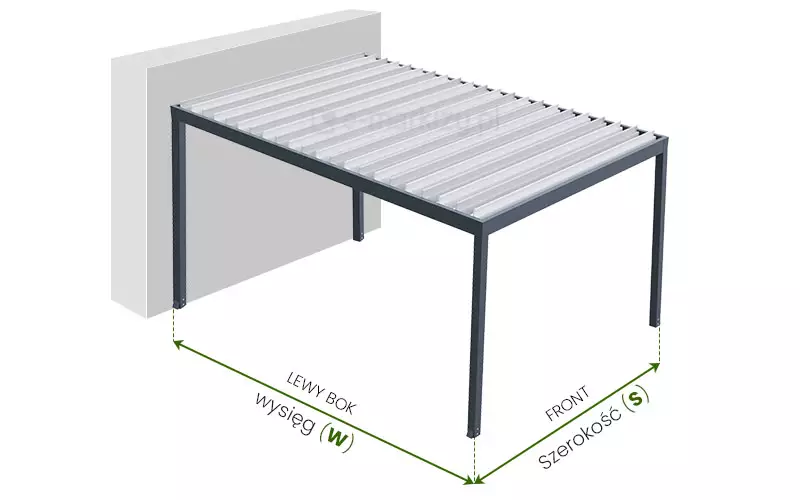 Pergola Essential Lamelowa Wolnostojąca Pomiar pokazany na rysunku pergoli dosuniętej do płaszczyzny ściany, na białym tle. Po prawej stronie pokazany został pomiar szerokości. Od zewnętrznych krawędzi podpór frontowych poprowadzono w dół przerywane linie, pomiędzy którymi zamieszczono zieloną dwukierunkową strzałkę. Nad strzałką napis "FRONT", pod strzałka napis "szerokość (S)". W centralnej części ukazany został pomiar wysięgu. Od skrajów podpory frontowej oraz tylnej poprowadzono w dół przerywane linie, pomiędzy którymi zamieszczono zieloną, dwukierunkową strzałkę. Nad strzałką napis "LEWY BOK", a pod strzałką napis "Wysięg (W)".