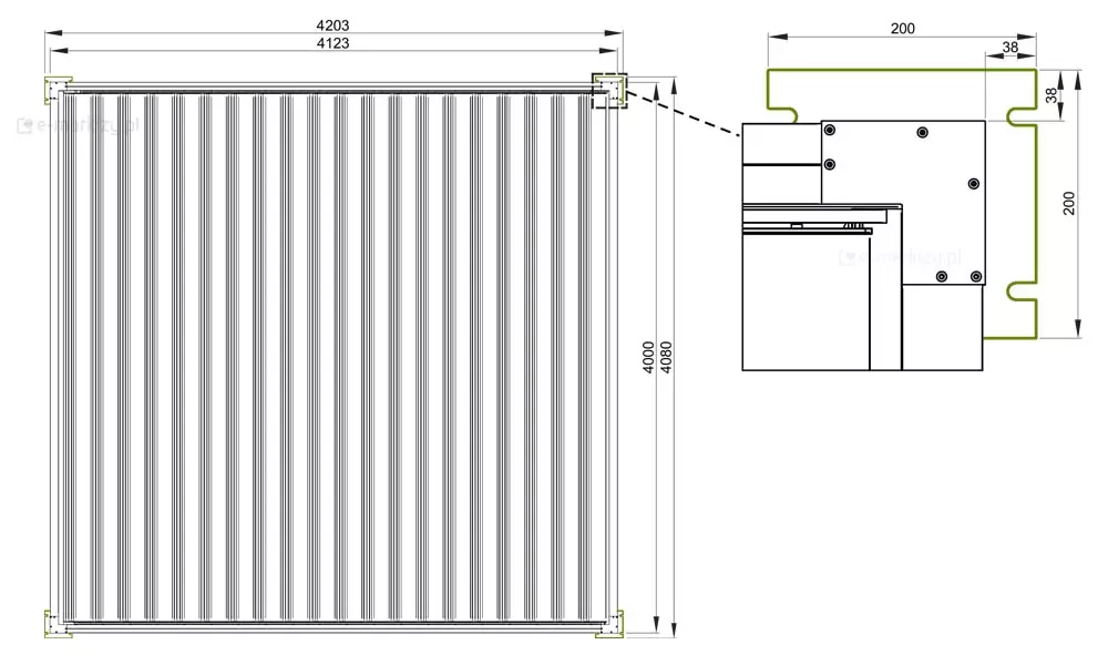 Rysunek techniczny przedstawiający rzut z góry konstrukcji pergola Essential wraz ze szczegółowym detalem narożnika. Główny schemat po lewej stronie obrazuje pełny obrys dachu pergoli z widocznymi lamelami ułożonymi pionowo. Na rysunku naniesiono precyzyjne linie wymiarowe określające parametry zewnętrzne i wewnętrzne konstrukcji. Szerokość dachu wynosi 4203 mm w obrysie zewnętrznym oraz 4123 mm w świetle konstrukcji. Głębokość (wysięg) została określona wymiarami 4080 mm (zewnętrzny) oraz 4000 mm (wewnętrzny). W narożnikach schematu zaznaczono przekroje pionowych słupów wsporczych o kwadratowym profilu. Po prawej stronie grafiki znajduje się powiększony detal konstrukcyjny jednego z narożników, połączony z głównym rzutem linią przerywaną. Zbliżenie to ukazuje sposób łączenia ramy zadaszenia ze słupem oraz mechanizm osadzenia rynien. Detal zawiera dodatkowe wymiarowanie: kwadratowa stopa lub zakończenie słupa ma wymiar 200 mm na 200 mm. Widoczne są również mniejsze wartości montażowe wynoszące 38 mm, określające odległość od krawędzi profilu do punktów montażowych lub otworów odpływowych. Wewnątrz profilu narożnego widoczne są łby śrub montażowych rozmieszczone symetrycznie, co podkreśla stabilność i techniczną precyzję wykonania pergoli Essential. Pozwala także ocenić ilość miejsca potrzebnego na montaż w przypadku podpór z markami montażowymi. Całość dokumentacji przygotowana jest w czarno-białej stylistyce kreślarskiej na czystym tle, co zapewnia maksymalną czytelność parametrów montażowych.