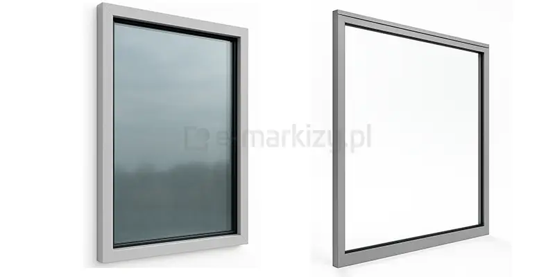 Dwa ujęcia stałych ścian i okien do zadaszeń Fest. Po lewej biała rama z grafitowym szkłem, po prawej szara rama z przejrzystym szkłem.