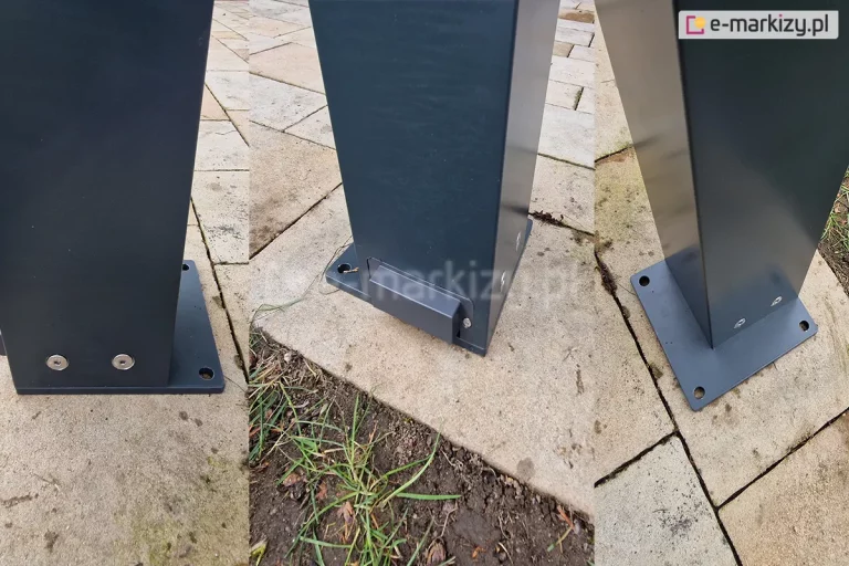 Podpora pergoli SB350 Selt ustawiona na płycie betonowej, ukazana z trzech stron. Od lewej, profil ze stopka montażową zlicowaną z podporą, pośrodku podpora z widocznym odprowadzeniem wody, po prawej podpora z widoczną stopką montażową.