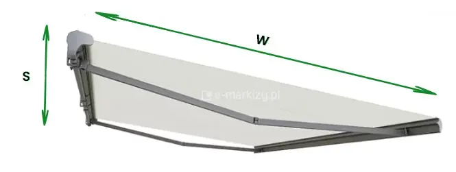 Schemat wymiarowy markizy tarasowej Palladio marki Selt przedstawiający produkt w rzucie perspektywicznym z zaznaczonymi kluczowymi parametrami gabarytowymi. Na grafice widoczna jest rozłożona markiza o konstrukcji w kolorze ciemnego grafitu z jasnym, kremowym poszyciem tkaniny oraz dwoma ramionami przegubowymi wspierającymi profil czołowy. Nad górną krawędzią markizy umieszczono dwustronną zieloną strzałkę oznaczoną literą W, która definiuje całkowitą szerokość zewnętrzną zestawu mierzoną wzdłuż kasety i rury nawojowej. Po lewej stronie rysunku znajduje się pionowa zielona strzałka oznaczona literą S, wskazująca na całkowitą wysokość konstrukcyjną markizy, obejmującą wymiar od dolnej krawędzi uchwytu montażowego do najwyższego punktu bocznej osłony kasety. Ilustracja w sposób czytelny prezentuje proporcje urządzenia oraz sposób wyznaczania niezbędnego miejsca montażowego na elewacji budynku, uwzględniając wystające elementy mechaniczne i profil nośny markizy.