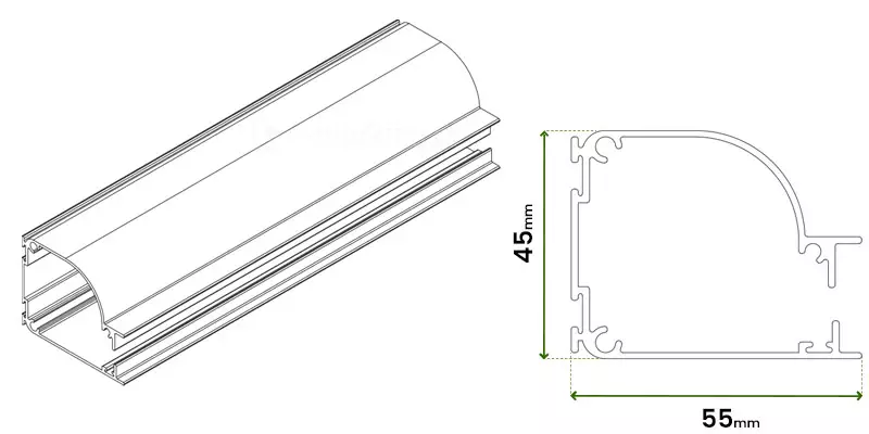 Rysunek techniczny w rzucie izometrycznym oraz poprzecznym przedstawia aluminiową kasetę, w której chowana jest siatka produktu, jakim jest moskitiera drzwiowa rolowana. Po lewej stronie grafiki widoczny jest trójwymiarowy model profilu kasetowego o charakterystycznym, zaokrąglonym kształcie jednej z krawędzi, co nadaje konstrukcji nowoczesny i opływowy wygląd. Profil posiada specjalne szyny i wypustki technologiczne służące do montażu bocznych zaślepek oraz prowadzenia siatki. Po prawej stronie znajduje się precyzyjny schemat przekroju poprzecznego tej samej kasety z naniesionymi wymiarami zewnętrznymi. Wysokość profilu została określona na 45 mm, natomiast jego całkowita szerokość wynosi 55 mm. Linie wymiarowe zaznaczone kolorem zielonym dokładnie wskazują skrajne punkty pomiarowe. Całość ilustracji wykonana jest czarną, wyraźną linią na białym tle, co jest typowe dla profesjonalnej dokumentacji technicznej, ułatwiając projektantom i instalatorom dopasowanie systemu do dostępnej przestrzeni w świetle otworu drzwiowego.