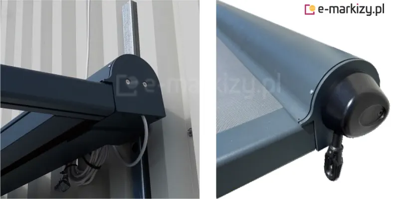 Zdjęcie prezentuje dwa szczegółowe ujęcia techniczne mechanizmu mocowania i wykończenia bocznego lekkiej pergoli tarasowej Vera-Sola w kolorze ciemnego antracytu, w zależności od rodzaju napędu. Na lewym ujęciu widoczny jest solidny uchwyt montażowy przytwierdzony do pionowego, stalowego profilu pomocniczego na tle jasnej elewacji z blachy trapezowej, z widocznym przewodem zasilającym wyprowadzonym z bocznej pokrywy konstrukcji. Prawe ujęcie pokazuje detale wykończenia kasety z półokrągłym profilem maskującym, z którego wysunięta jest szara tkanina poszycia, oraz czarny element wykończeniowy z uchem do korby sterowania ręcznego. Całość prezentuje estetyczne i precyzyjne spasowanie aluminiowych elementów konstrukcyjnych oraz sposób prowadzenia instalacji elektrycznej w systemach zadaszeń tkaninowych.