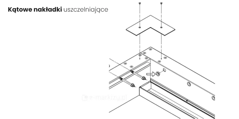Rysunek techniczny o charakterze montażowym przedstawiający detal wykończenia narożnika pergoli SB400 marki Selt. Schemat liniowy obrazuje montaż kątowej nakładki uszczelniającej, która jest mocowana od góry na styku dwóch belek konstrukcyjnych ramy za pomocą dwóch śrub. Wewnątrz profilu ramy widoczna jest zintegrowana rynna odprowadzająca wodę oraz system otworów montażowych z uszczelkami. Grafika zawiera podpisy techniczne i strzałki wskazujące kierunek instalacji poszczególnych komponentów, co służy jako instrukcja prawidłowego uszczelnienia górnych połączeń konstrukcji chroniącego przed przeciekaniem wody do wnętrza profili.