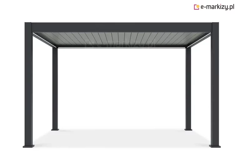 Pergola lamelowa Rubio 4x3 m na zdjęciu prezentuje nowoczesny design i solidną aluminiową konstrukcję. To idealne rozwiązanie do zadaszenia tarasu, pozwalające na regulację dopływu światła dzięki obrotowym lamelom.