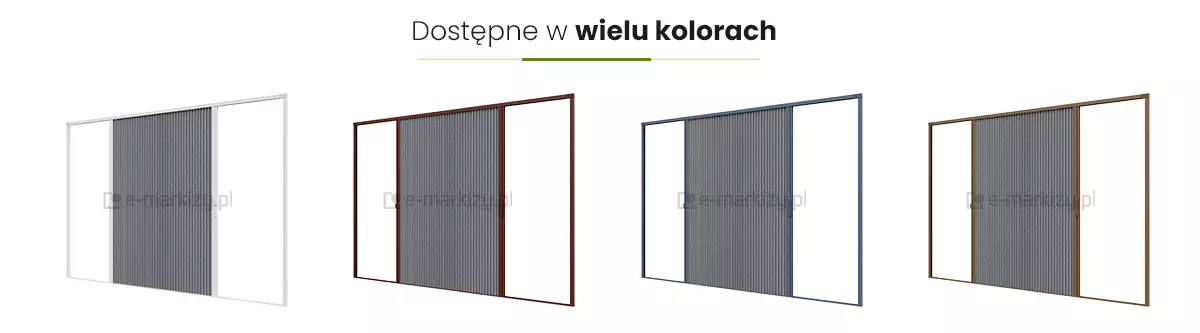 Grafika przedstawia zestawienie czterech wariantów kolorystycznych profili, w jakich dostępna jest moskitiera Zig-Zag. W górnej części obrazu, na białym tle, znajduje się czarny napis Dostępne w wielu kolorach, który został podkreślony cienką zieloną linią z wyraźniejszym akcentem w centralnym punkcie. Poniżej zaprezentowano cztery wizualizacje szerokich konstrukcji moskitier, ustawionych w rzędzie. Każda z nich posiada centralnie umieszczony pakiet siatki plisowanej w kolorze grafitowym, która jest częściowo rozwinięta, pozostawiając wolną, białą przestrzeń po obu stronach ruchomego profilu. Pierwsza konstrukcja od lewej posiada ramę w kolorze klasycznej bieli. Druga wizualizacja przedstawia profil w kolorze ciemnego brązu o ciepłym odcieniu. Trzeci model prezentuje konstrukcję w kolorze antracytowym lub bardzo ciemnym szarym. Ostatnia makieta po prawej stronie ukazuje ramę w kolorze złotego dębu lub jasnego brązu, imitującą naturalną strukturę drewna. Wszystkie modele moskitiera Zig-Zag są ukazane w identycznej perspektywie, co ułatwia porównanie estetyki poszczególnych wykończeń aluminiowych profili w zestawieniu z charakterystyczną, harmonijkową siatką.