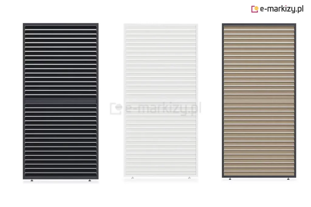 Grafika przedstawia zestawienie trzech pionowych paneli z ruchomymi lamelami, przeznaczonych do bocznej zabudowy pergoli Marlo, prezentujące dostępne warianty kolorystyczne. Każdy moduł składa się z prostokątnej ramy przedzielonej w połowie wysokości poziomą poprzeczką, co dzieli wypełnienie na dwie sekcje regulowanych żaluzji. Pierwszy panel od lewej jest w całości antracytowy, z czarnymi uszczelkami widocznymi przy krawędziach lameli. Środkowy panel wykonano w kolorze białym, zachowując jednolity odcień ramy oraz ruchomych listew. Trzeci panel to wariant mieszany, w którym ciemnoantracytowa rama kontrastuje z lamelami o strukturze naturalnego drewna w jasnym kolorze. Konstrukcja paneli umożliwia zmianę kąta nachylenia listew, co pozwala na płynną regulację dopływu światła i stopnia prywatności. U dołu każdego panelu widoczne są punktowe elementy montażowe służące do osadzenia konstrukcji na podłożu.