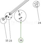 Szczegółowy rysunek techniczny typu "exploded view" przedstawiający wybrane podzespoły mechanizmu markizy werandowej wraz z systemem ich numeracji, co ułatwia identyfikację poszczególnych części zamiennych. W górnej części grafiki widoczny jest fragment profilu aluminiowego, który stanowi główny element konstrukcyjny stelaża, natomiast pozostałe komponenty zostały wyodrębnione w osobnych okręgach w celu zwiększenia czytelności montażu. Kluczowy element oznaczony cyfrą 16 obejmuje zestaw drobnych akcesoriów składający się z tulei dystansowej, trzpienia, płytki montażowej oraz dedykowanych wkrętów mocujących, które wspólnie odpowiadają za poprawne połączenie elementów ruchomych systemu. Pozostałe części oznaczone jako 15, 23 oraz 24 wskazują odpowiednio na zaślepkę profilu, złącze mechaniczne oraz kompletny wspornik montażowy wyposażony w podstawę z otworami, co pozwala na precyzyjne zakotwiczenie konstrukcji markizy do podłoża lub elewacji. Rysunek utrzymany jest w surowej stylistyce technicznej, operującej liniami o stałej grubości, co skutecznie minimalizuje rozpraszanie uwagi i kieruje wzrok odbiorcy bezpośrednio na wzajemne relacje geometryczne pomiędzy poszczególnymi elementami składowymi, czyniąc tę grafikę niezbędnym narzędziem informacyjnym dla profesjonalnych monterów oraz użytkowników końcowych dokonujących serwisowania systemu osłonowego.