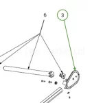 Techniczny rysunek montażowy typu „exploded view” prezentujący kluczowe podzespoły mechanizmu zwijającego markizy werandowej, ze szczególnym uwzględnieniem elementu oznaczonego cyfrą 3. Komponent numer 3 to główna pokrywa boczna o zaokrąglonym, eliptycznym obrysie, która pełni funkcję osłony mechanizmu napędowego oraz zabezpieczenia końca wału nawojowego. W bezpośrednim sąsiedztwie tego elementu, oznaczonego cyfrą 6, przedstawiono zespół napędowy obejmujący rurę nawojową o cylindrycznym kształcie z charakterystycznym frezowaniem końcówki, współpracujący z gniazdem montażowym oraz dedykowanymi łącznikami mechanicznymi. Całość kompozycji uzupełniają drobne akcesoria montażowe, takie jak śruby, tuleje dystansowe oraz podkładki, które są niezbędne do prawidłowego zespolenia pokrywy bocznej z profilem konstrukcyjnym markizy. Rysunek został wykonany w czytelnej formie konturowej, gdzie linie odniesienia jednoznacznie wskazują na sposób rozmieszczenia części wewnątrz struktury, ułatwiając proces identyfikacji zamienników oraz zrozumienie zasad poprawnego serwisowania mechanizmu zwijającego w systemach osłon zewnętrznych.