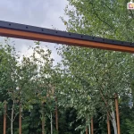 Zdjęcie przedstawia perspektywę z dołu na narożnik drewnianej konstrukcji pergoli w trakcie prac montażowych systemu dachu lamelowego SB400 MD. Rama wykonana z belek z drewna klejonego o ciepłym, pomarańczowo-brązowym odcieniu została wyposażona w czarne, aluminiowe listwy boczne. Listwy te, przytwierdzone do górnej części belek, posiadają seryjnie rozmieszczone, okrągłe otwory montażowe, w których docelowo osadzone zostaną łożyska i trzpienie obrotowe ruchomych lameli. Powierzchnia drewna jest wilgotna, z widocznymi kroplami wody, co podkreśla surowe warunki montażowe. W tle, ponad linią belek, widoczne są gęste korony drzew liściastych z zielonymi liśćmi, prześwitujące błękitne niebo oraz fragmenty sąsiedniej zabudowy jednorodzinnej z ciemnymi dachami.