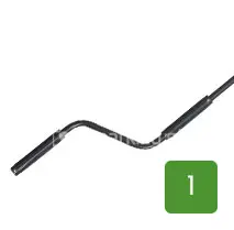 Zdjęcie produktowe przedstawiające korbę ręczną do markizy. Drążek wykonany jest z metalu lakierowanego na kolor czarny i posiada charakterystyczne wygięcie ułatwiające obracanie. Na obu końcach wygiętego odcinka znajdują się profilowane, czarne rękojeści z tworzywa sztucznego, zapewniające pewny chwyt podczas rozwijania i zwijania poszycia. Produkt zaprezentowany jest na jednolitym białym tle. W prawym dolnym rogu grafiki umieszczono zielony znacznik z białą cyfrą „1”.