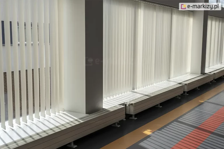 Szeroki korytarz lub przeszklony hol w budynku użyteczności publicznej, w którym zamontowano żaluzje pionowe na całej długości ściany okiennej. Białe, materiałowe lamele o pionowej orientacji są rozmieszczone w kilku sekcjach, oddzielonych od siebie masywnymi białymi filarami konstrukcyjnymi. W pierwszej sekcji po lewej stronie żaluzje pionowe są ustawione prostopadle do szyb, odsłaniając widok na zewnętrzną elewację budynku z cegły i sąsiednie okna. W kolejnych sekcjach pasy materiału są częściowo przymknięte, co ogranicza wgląd do wnętrza i skutecznie filtruje intensywne światło słoneczne. Poniżej okien, wzdłuż całej szklanej ściany, ciągną się niskie, nowoczesne grzejniki konwektorowe o podłużnym kształcie, zamontowane na niskich nóżkach. Na podłodze wyłożonej ciemną wykładziną z dekoracyjnym żółto-pomarańczowym pasem widoczne są wyraźne, rytmiczne cienie rzucane przez pionowe pasy żaluzji. Całość prezentuje techniczne i funkcjonalne zastosowanie osłon okiennych w przestrzeniach biurowych lub edukacyjnych, podkreślając czystość formy i kontrolę nad oświetleniem naturalnym.