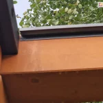 techniczny detal połączenia belek konstrukcyjnych pergoli drewnianej w narożniku, przygotowany pod montaż systemu lamelowego SB400 MD. Na miodowym, jasnobrązowym drewnie klejonym zamontowana jest czarna, aluminiowa listwa montażowa, która pełni jednocześnie funkcję okapową. Listwa jest przytwierdzona do górnej krawędzi poziomej belki za pomocą wkrętów, a jej profil jest precyzyjnie docięty i dopasowany do pionowego elementu ramy widocznego po lewej stronie. Na powierzchni drewna widoczne są ślady wilgoci w postaci kropel wody. W tle, ponad konstrukcją, rozpościera się widok na korony drzew liściastych z zielonymi i żółknącymi liśćmi pod jasnym niebem.