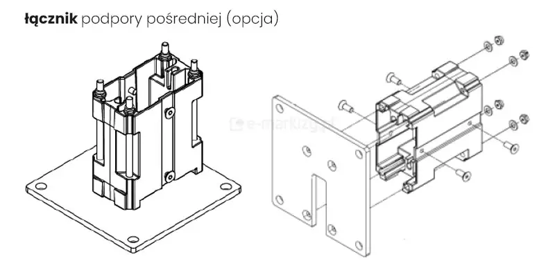 Rysunek techniczny przedstawia budowę oraz sposób montażu opcjonalnego łącznika podpory pośredniej w systemie pergoli SB400. Po lewej stronie grafiki widoczny jest gotowy, złożony moduł łącznika osadzony na kwadratowej podstawie montażowej z otworami na śruby. Po prawej stronie zaprezentowano schemat rozstrzelony tego samego elementu, ukazujący jego poszczególne komponenty, w tym płytę czołową z wycięciem, korpus łącznika oraz zestaw śrub i podkładek służących do stabilnego przytwierdzenia podpory do konstrukcji.