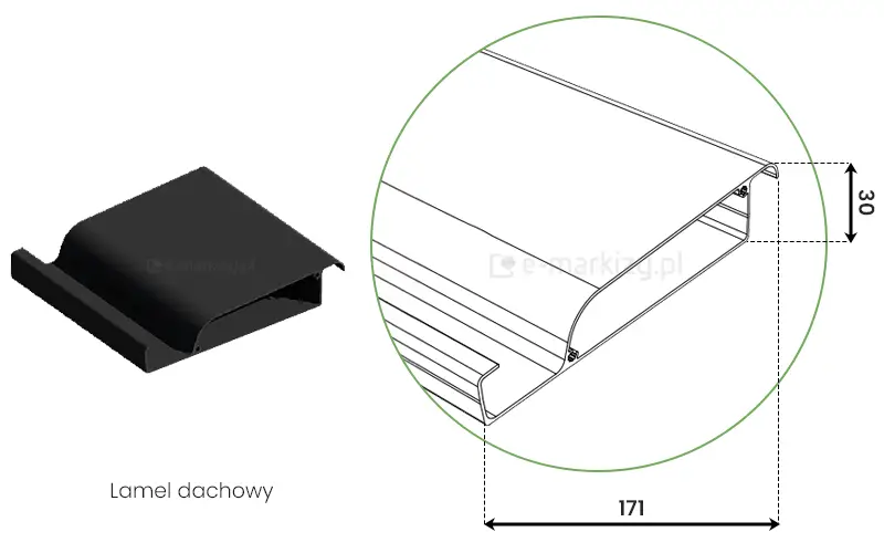 Grafika przedstawia szczegółowy przekrój techniczny pojedynczego lamela dachowego stosowanego w pergolach Marlo, zaprezentowany w formie trójwymiarowego renderu oraz rysunku schematycznego w powiększeniu. Po lewej stronie widoczny jest krótki fragment profilu w kolorze czarnym, o charakterystycznym, asymetrycznym kształcie z wyprofilowaną rynienką wzdłuż jednej z krawędzi, co służy do odprowadzania wody opadowej. Po prawej stronie, w zielonym okręgu, umieszczono biały schemat liniowy tego samego elementu z naniesionymi wymiarami w milimetrach. Zgodnie z rysunkiem, całkowita szerokość profilu lamela wynosi 171 mm, natomiast jego wysokość konstrukcyjna (grubość) to 30 mm. Profil jest pusty w środku, co zapewnia lekkość konstrukcji przy zachowaniu odpowiedniej sztywności. Pod grafiką znajduje się podpis tekstowy w języku polskim: Lamel dachowy.