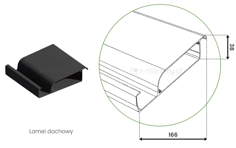 Lamel dachowy pergoli bioklimatycznej Rubio – rysunek techniczny z wymiarami. Aluminiowy profil odpowiedzialny za regulację światła i ochronę przeciwsłoneczną. Trwały i estetyczny element zadaszenia nowoczesnej pergoli.