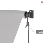 Zbliżenie prawej strony markizy z widocznymi elementami składającymi się na uchwyt ścienny, system sterowania oraz poszycie nawinięte na rurę. Z przekładni korbowej wystaje zaczep oczkowy, w który zaczepiony jest hak korby do rozwijania markizy. W pobliżu zaczepu umieszczono znacznik, od którego cienka zielona linia prowadzi do napisu na szarym tle o treści "bezwysiłkowy napęd korbowy".