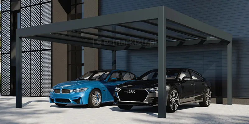 Letni garaż samochodowy ustawiony przy ścianie budynku. Zadaszenie Spekta Glass z antracytową konstrukcją z łatwością pomieści pod spodem dwa auta osobowe.