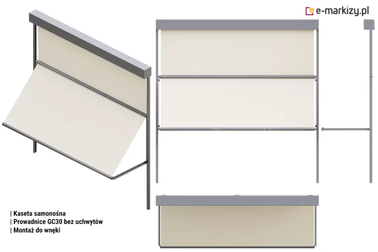 Grafika techniczna przedstawia system markizoleta 120 w wariancie z kasetą samonośną i prowadnicami GC30 bez dodatkowych uchwytów, dedykowany do montażu we wnęce. Na arkuszu zestawiono cztery rzuty produktu z jasną, kremową tkaniną i grafitową konstrukcją aluminiową. Główny widok izometryczny ukazuje urządzenie w pozycji roboczej, gdzie górna część poszycia opada pionowo, a dolna jest odchylona pod kątem na zewnętrznych ramionach. Widok od przodu (elewacyjny) prezentuje pełną szerokość systemu z wyraźnie zaznaczoną poziomą belką rozdzielającą obie sekcje tkaniny. Rzut z góry pokazuje głębokość kasety osłaniającej rurę nawojową, natomiast uproszczony schemat boczny (profil) obrazuje geometrię wysięgu ramion względem pionowej prowadnicy.