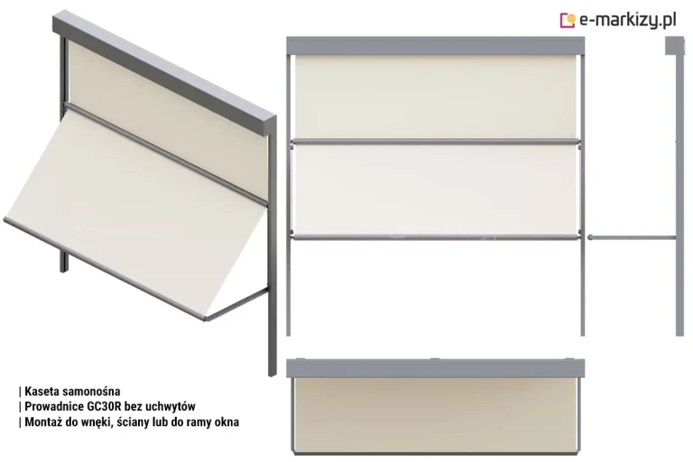 Grafika techniczna prezentuje system markizoleta 120 wyposażony w kasetę samonośną oraz prowadnice GC30R montowane bez dodatkowych uchwytów. Na arkuszu przedstawiono produkt w czterech rzutach, z konstrukcją aluminiową w kolorze grafitowym oraz jasną, beżową tkaniną techniczną. Główny widok izometryczny ukazuje osłonę w pozycji roboczej, gdzie górna część materiału rozwinięta jest pionowo wzdłuż prowadnic, a dolna sekcja zostaje odchylona na zewnątrz pod kątem za pomocą ramion wysięgnikowych. Widok elewacyjny (od przodu) prezentuje pełną szerokość systemu, rzut z góry pokazuje głębokość kasety osłaniającej rurę nawojową, a uproszczony schemat boczny (profil) obrazuje geometrię wysięgu ramienia. Wariant ten jest dedykowany do montażu we wnęce, do ściany lub bezpośrednio do ramy okna, zapewniając estetyczne przyleganie prowadnic do płaszczyzny montażowej.