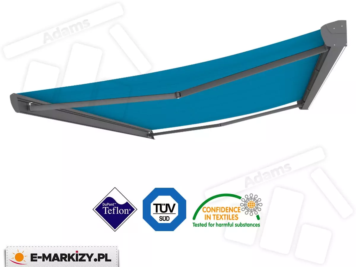 Zdjęcie produktowe rozłożonej markizy tarasowej w kolorze intensywnie niebieskim (turkusowym) z antracytową konstrukcją ramion i kasety. Markiza ukazana jest z perspektywy od dołu, prezentując napięty materiał poszycia oraz mechanizm przegubowych ramion bocznych. Poniżej produktu znajdują się trzy logotypy certyfikatów i technologii: fioletowy romb DuPont Teflon, niebieski ośmiokąt TÜV SÜD oraz zielony znak „Confidence in Textiles – Tested for harmful substances” (Oeko-Tex). Tło jest białe z naniesionymi jasnoszarymi elementami graficznymi w kształcie prostokątów.