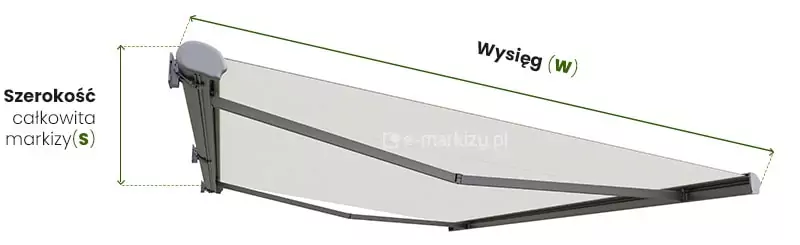 Markiza Dakar Selt pomiar szerokości i wysięgu ukazany na umieszczonej na białym tle w pełni rozwiniętej osłonie o grafitowej konstrukcji i białym poszyciu. Po lewej stronie od krańców zaślepek kasety poprowadzono w bok przerywane linie, pomiędzy którymi umieszczona została dwukierunkowa zielona strzałka. Obok strzałki, po jej lewej stronie, umieszczono napis "Szerokość całkowita markizy (S)". Ponad poszyciem, od skraju mocowania ściennego kasety oraz skraju belki przedniej poprowadzono w górę przerywane linie, pomiędzy którymi umieszczono zieloną dwukierunkową strzałkę. Nad strzałką znajduje się napis "Wysięg (W)".