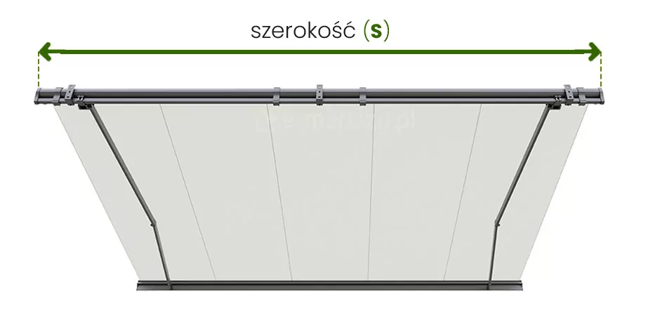 Markiza tarasowa Palladio Selt pomiar szerokości przedstawiony na przykładowej całkowicie rozwiniętej osłonie z grafitową konstrukcją i jasnym poszyciem, widoczną od strony mocowania do ściany i ukazaną na białym tle. Od skrajów bocznych zaślepek markizy poprowadzono w górę dwie przerywane linie, pomiędzy którymi zamieszczona została zielona dwukierunkowa strzałka. Ponad strzałką napis "szerokość (S)".