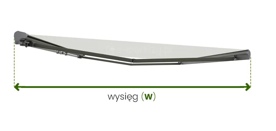 Markiza tarasowa Palladio Selt pomiar wysięgu przedstawiony na przykładowej całkowicie rozwiniętej osłonie z grafitową konstrukcją i jasnym poszyciem na białym tle. Pod markizą, od skraju mocowania do ściany oraz od skraju belki przedniej poprowadzono w dół dwie przerywane linie, pomiędzy którymi zamieszczono zieloną dwukierunkową strzałkę. Pod strzałką napis "wysięg (W)".