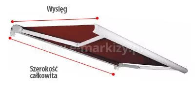 Markiza Presto MOL pomiar szerokości i wysięgu oznaczony na umieszczonej na białym tle markizy w białą konstrukcją oraz czerwoną tkaniną. Szerokość markizy wyznaczono za pomocą czerwonej kreski zakończonej z obu stron okrągłym znacznikiem umieszczonej pod markizą. Pod linią napis "szerokość całkowita". Wysięg markizy wyznaczono także czerwoną kreską zakończoną dwoma małymi kropkami umieszczoną nad markizą. Ponad linią napis "Wysięg".