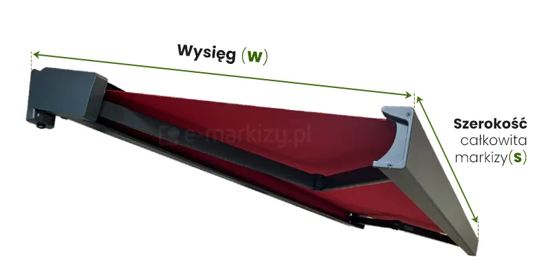Markiza Quadra MOL pomiar szerokości i wysięgu ukazany na rozłożonej markizie z antracytową konstrukcją i czerwonym poszyciem na białym tle. Pomiar wysięgu ukazano nad poszyciem, od mocowania markizy do ściany oraz od skraju belki przedniej poprowadzono przerywane linie, pomiędzy którymi znajduje się zielona dwukierunkowa strzałka. Nad strzałką umieszczono napis "Wysięg (W)". Pomiar szerokości ukazano po prawej stronie, wzdłuż belki przedniej markizy. Od lewego i prawego boku belki przedniej poprowadzono przerywane linie pomiędzy którymi znajduje się dwukierunkowa zielona strzałka. Obok strzałki, po jej prawej stronie napis "szerokość całkowita markizy (S)".