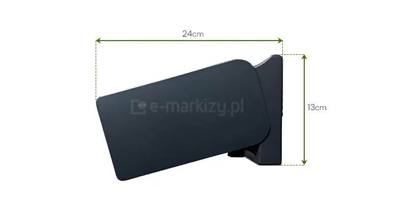 Markiza Quadra mol dane techniczne - zdjęcie przedstawia bok kasety markizy Quadra MOL z mocowaniem do ściany w kolorze czarnym. Nad kasetą od płaszczyzny mocowanej do ściany oraz najdalej wysuniętego miejsca belki przedniej poprowadzono w górę przerywane linie, pomiędzy którymi umieszczono zieloną dwukierunkową strzałkę a nad nią napis "24 cm". Po prawej stronie, od skrajów mocowania ściennego poprowadzono w bok przerywane linie, pomiędzy którymi zamieszczono zieloną dwukierunkową strzałkę, a obok niej, po prawej stronie napis "13cm".